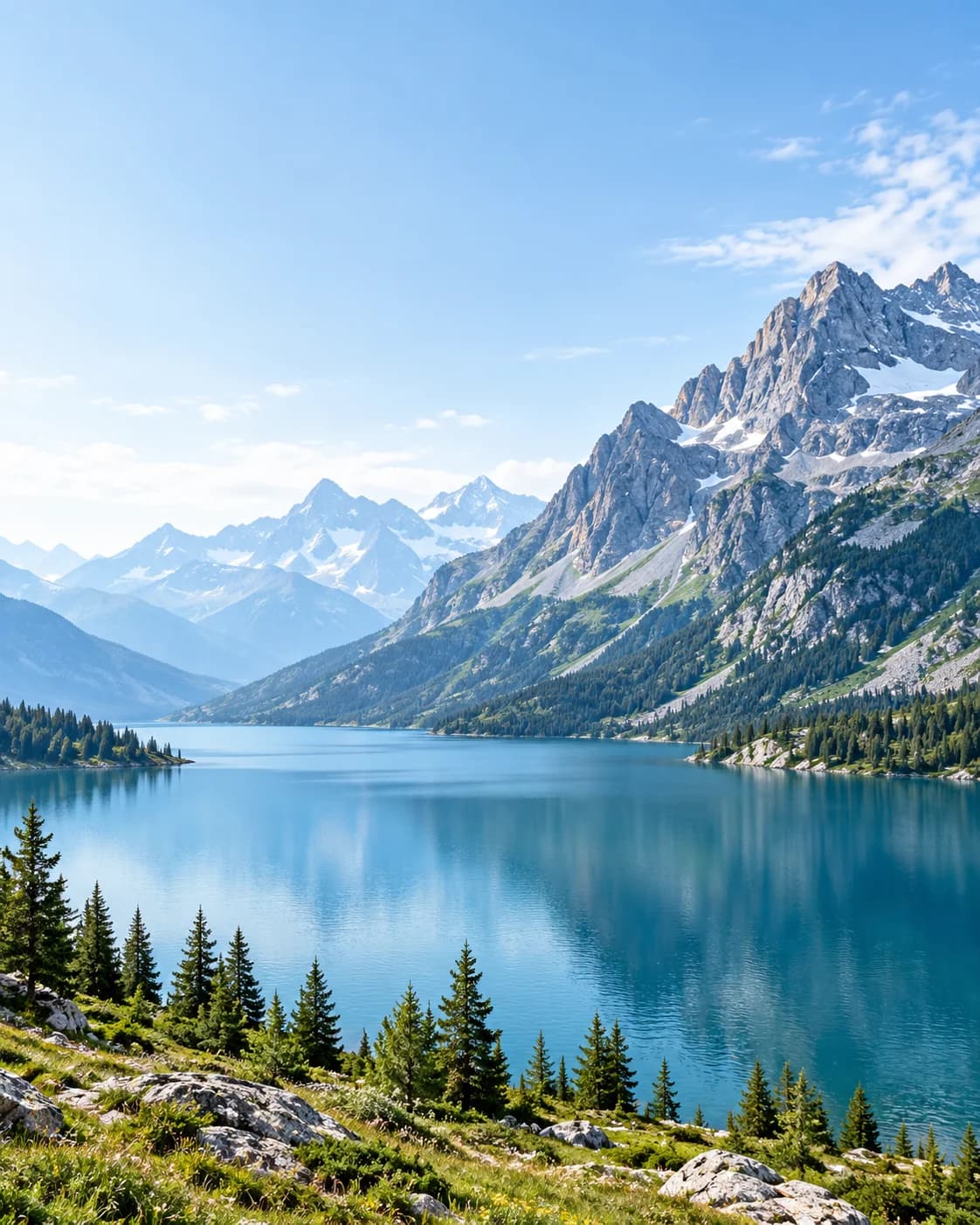 Decorative mountain landscape beside a lake